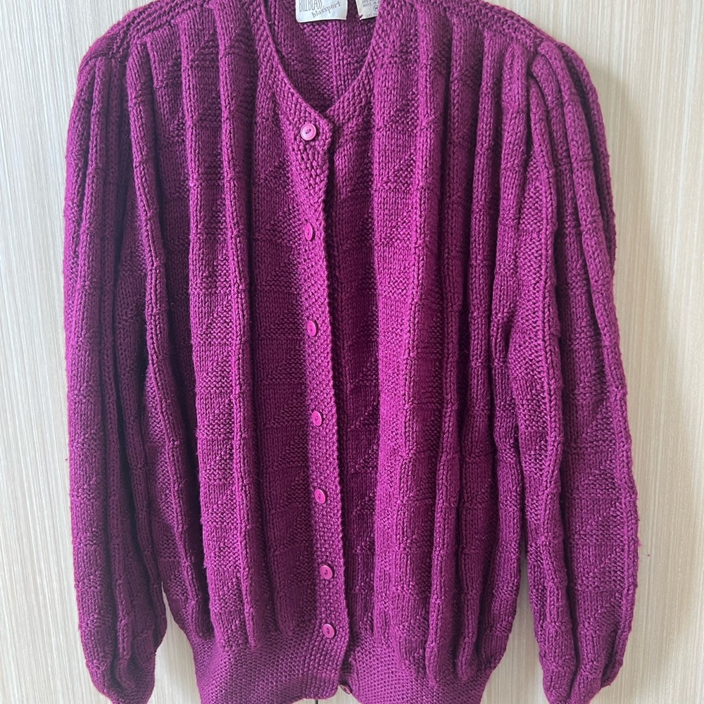 bill blass Vintage Deep Magenta Ribbed Button-Front Cardigan MED